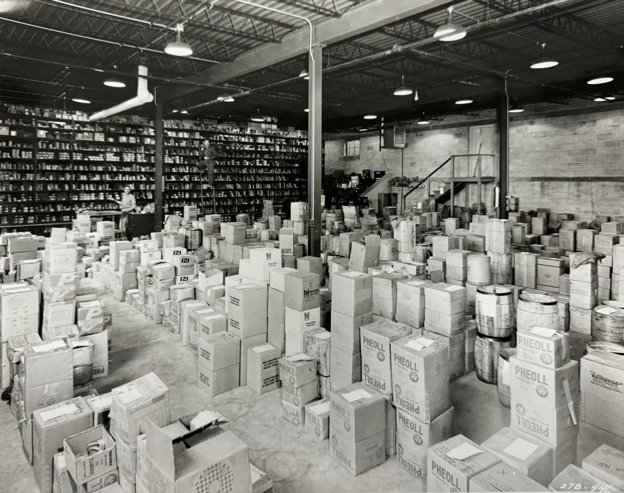 Historic Pheoll warehouse filled with boxed fastener inventory
